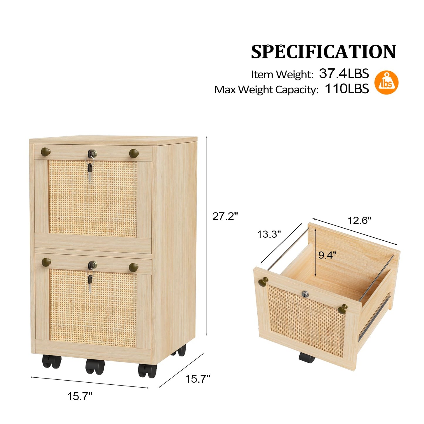 VINGLI 2 Drawer File Cabinet with Lock, Wood Rustic Gray Filing Cabinet