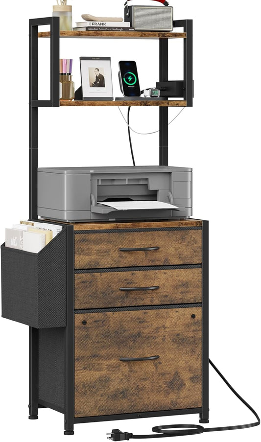 Small 3 Drawer File Cabinet with Charging Station