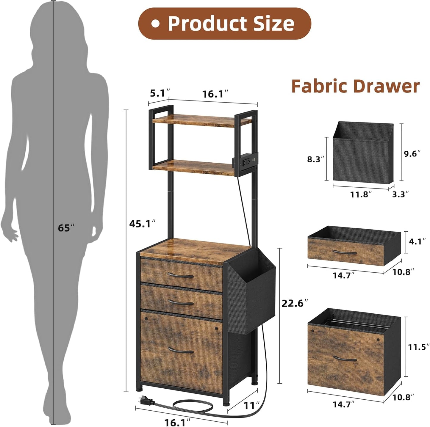 Small 3 Drawer File Cabinet with Charging Station