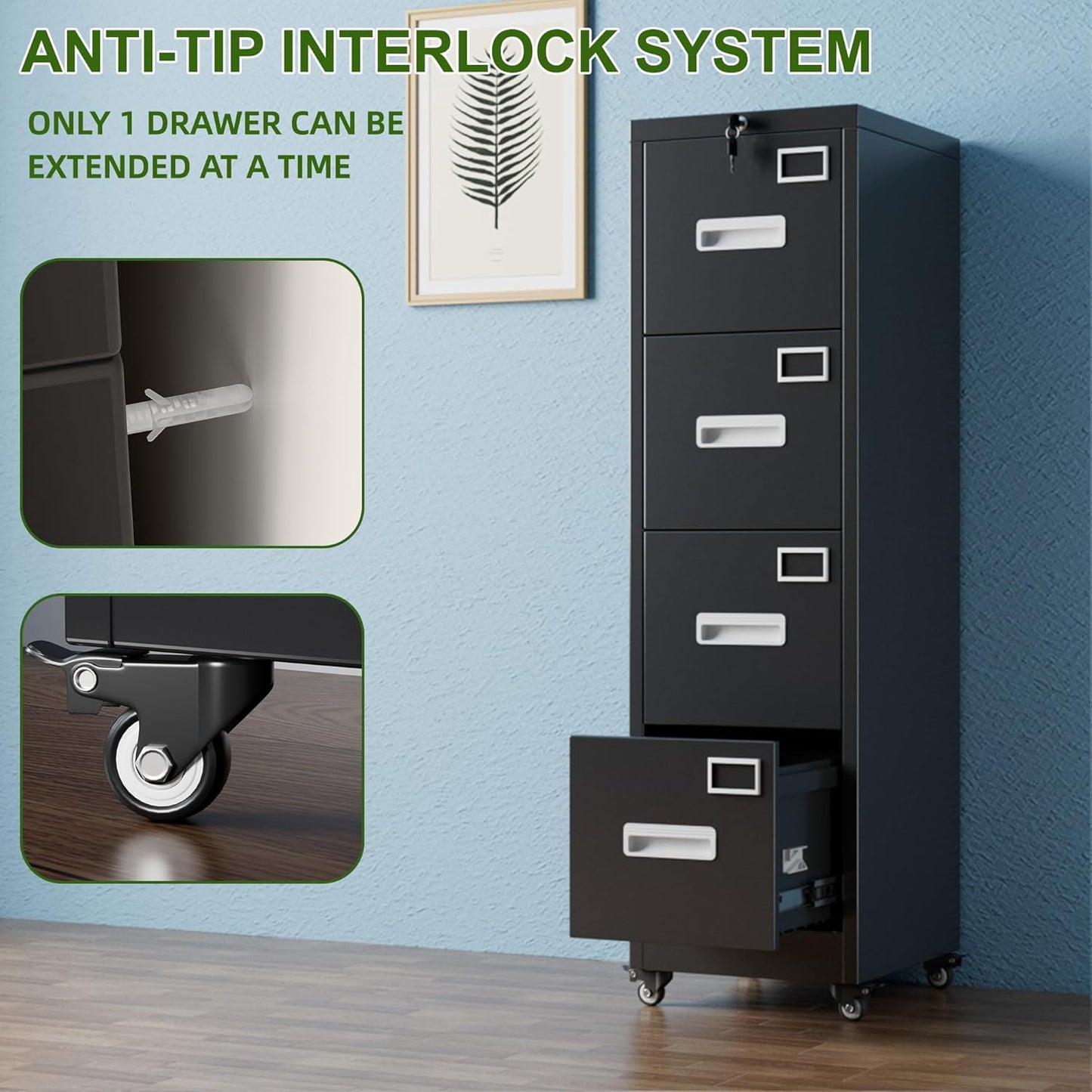 Aobabo 4-Drawer Locking File Cabinet, Black