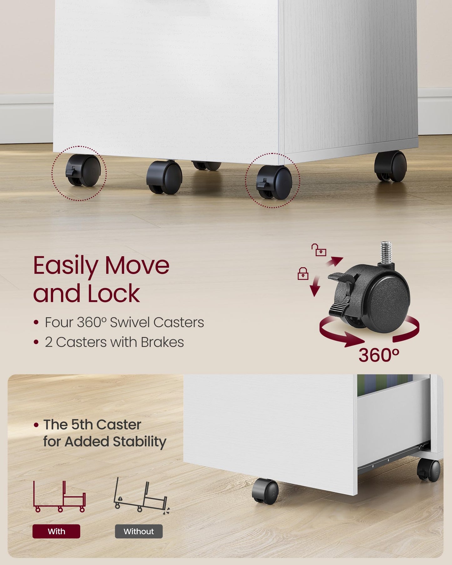 VASAGLE 2-Drawer Rolling File Cabinet, Snow White