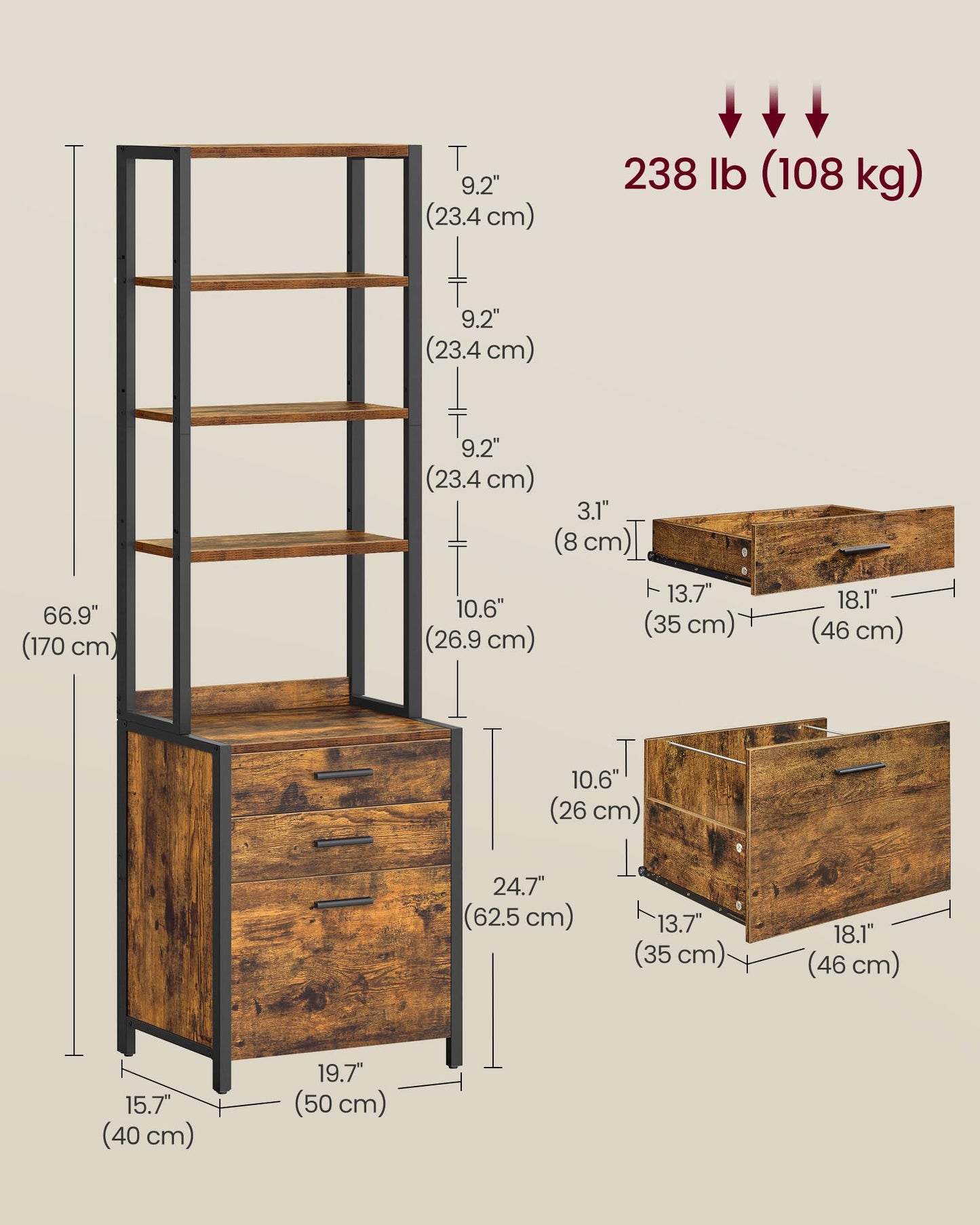 VASAGLE File Cabinet, 3 Drawers Filing Cabinet for Home Office