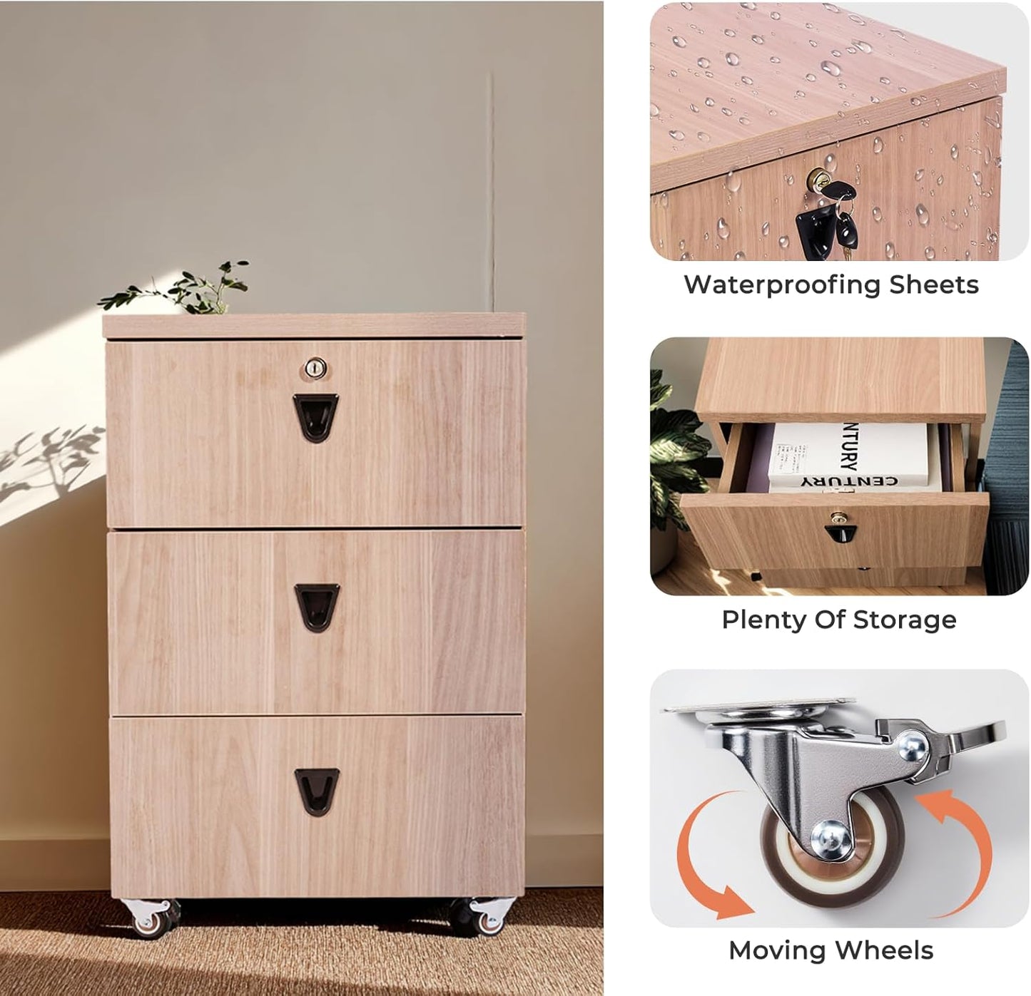 3 Drawer File Cabinet Wooden Rolling Printer Stand Storage Cabinet