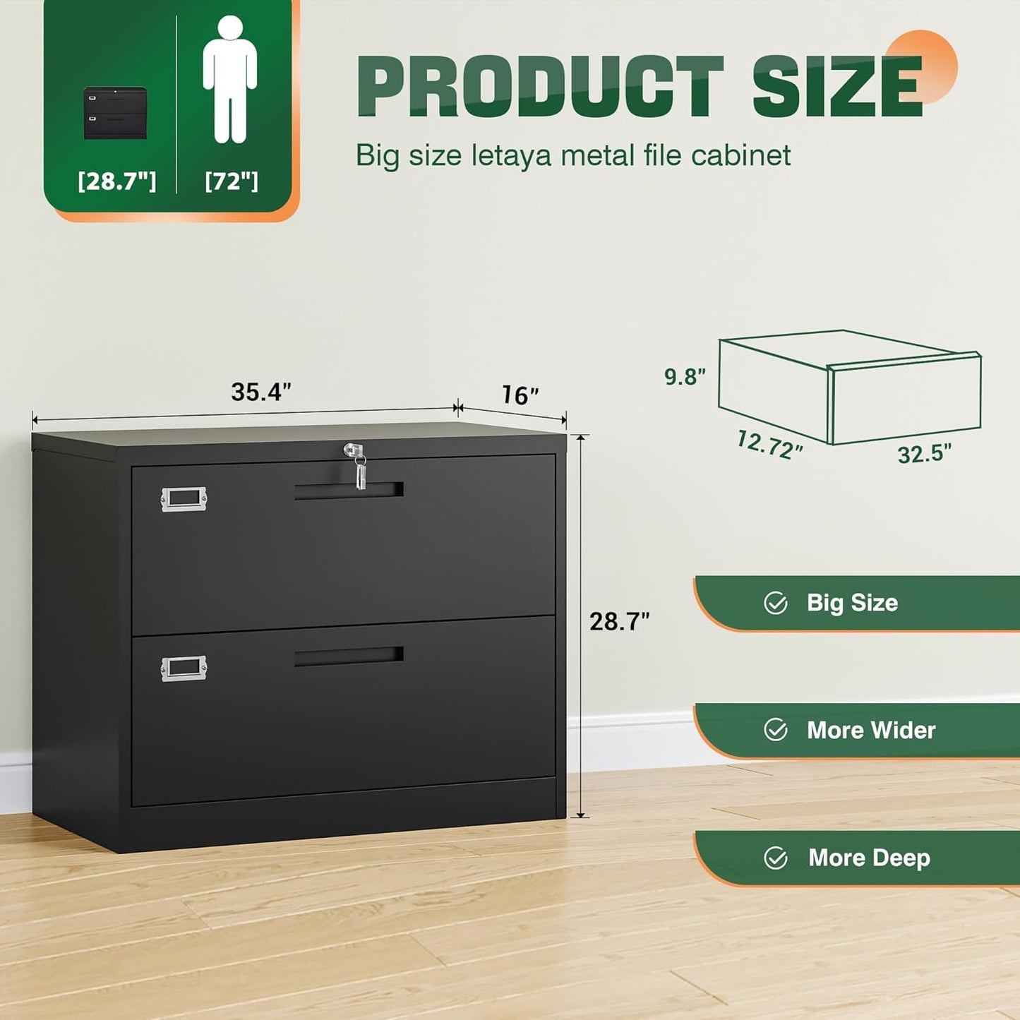 Letaya 2-Drawer Metal Lateral File Cabinet with Lock, Black