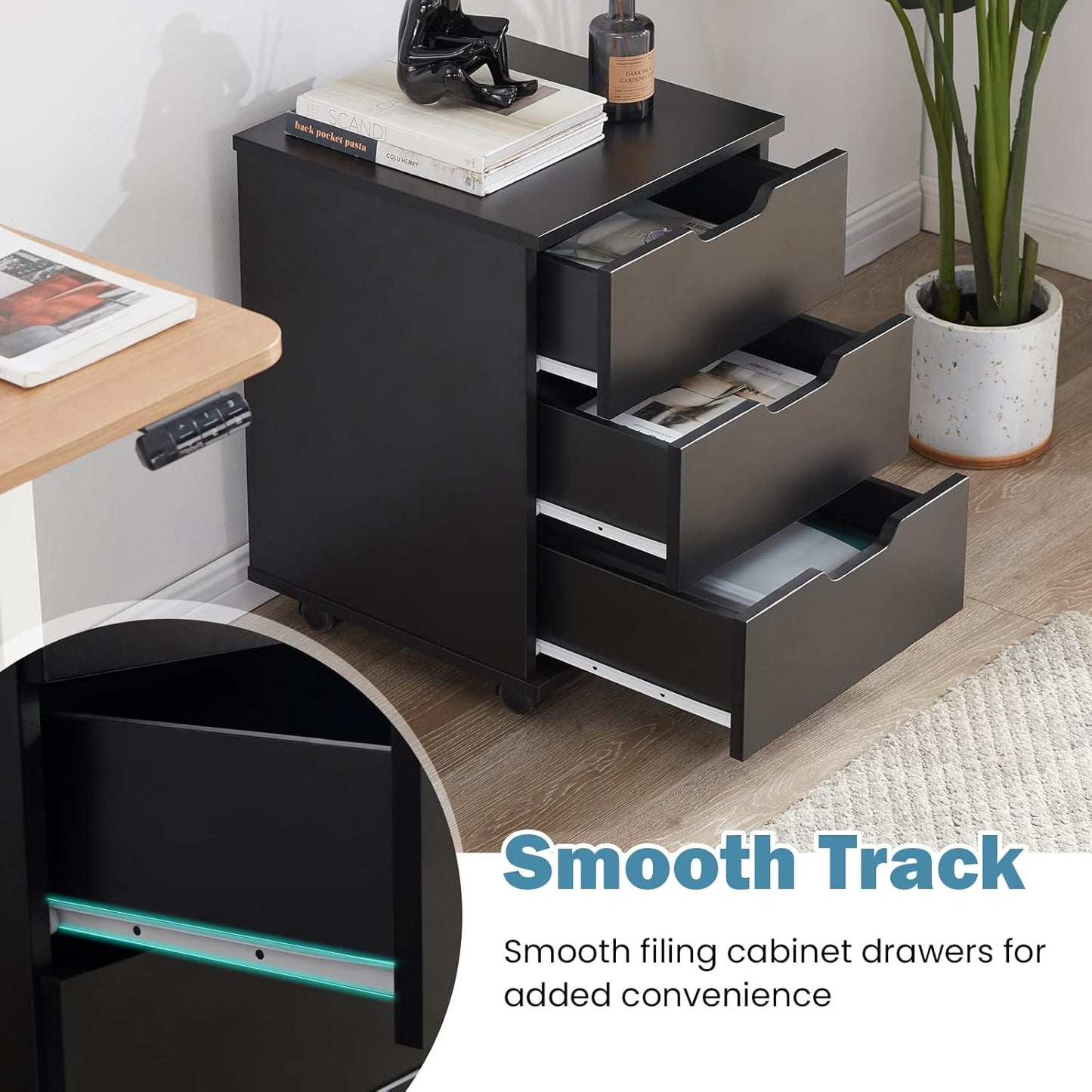 Farini 3-Drawer Mobile File Cabinet, Black Wood,