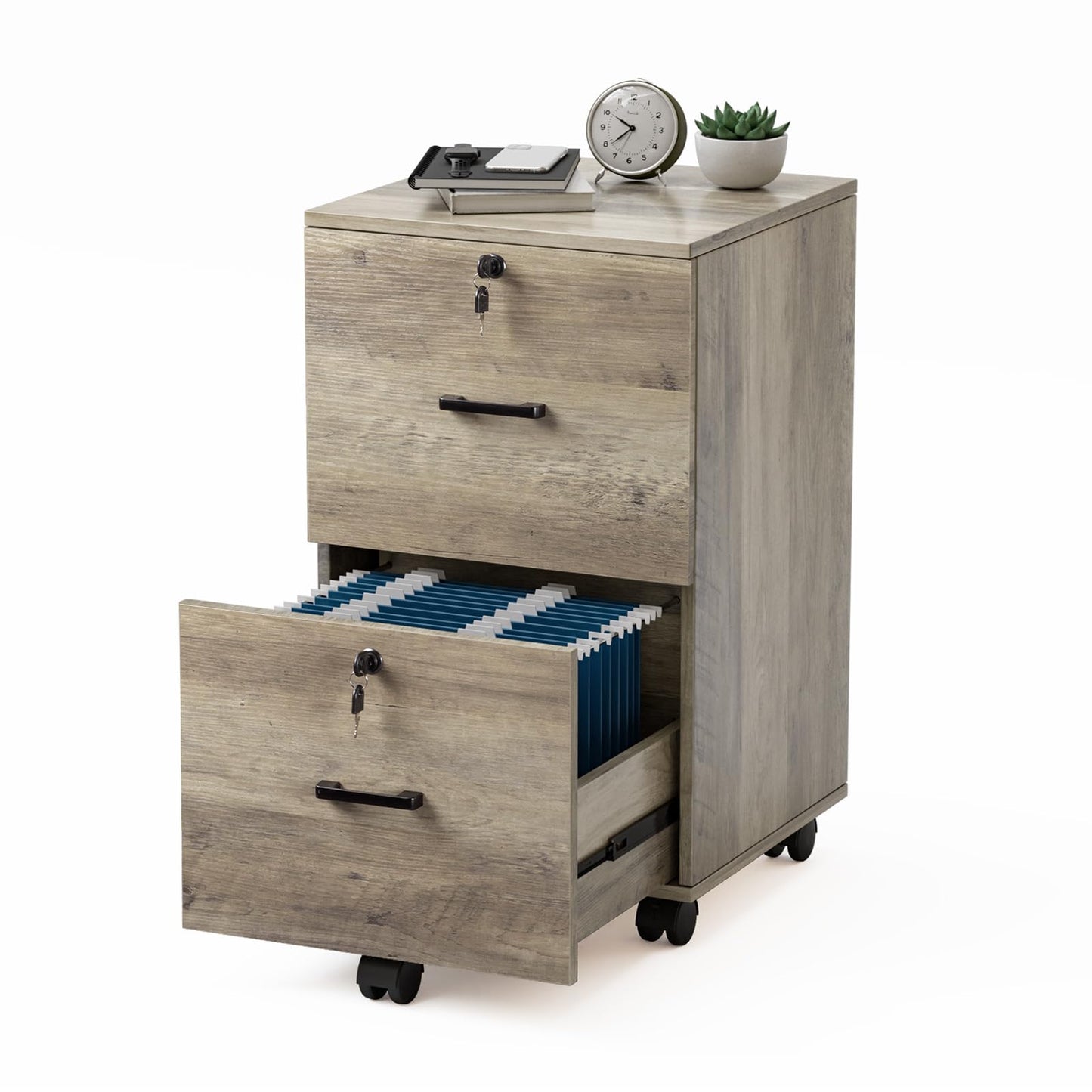 VINGLI 2 Drawer File Cabinet with Lock, Wood Rustic Gray Filing Cabinet