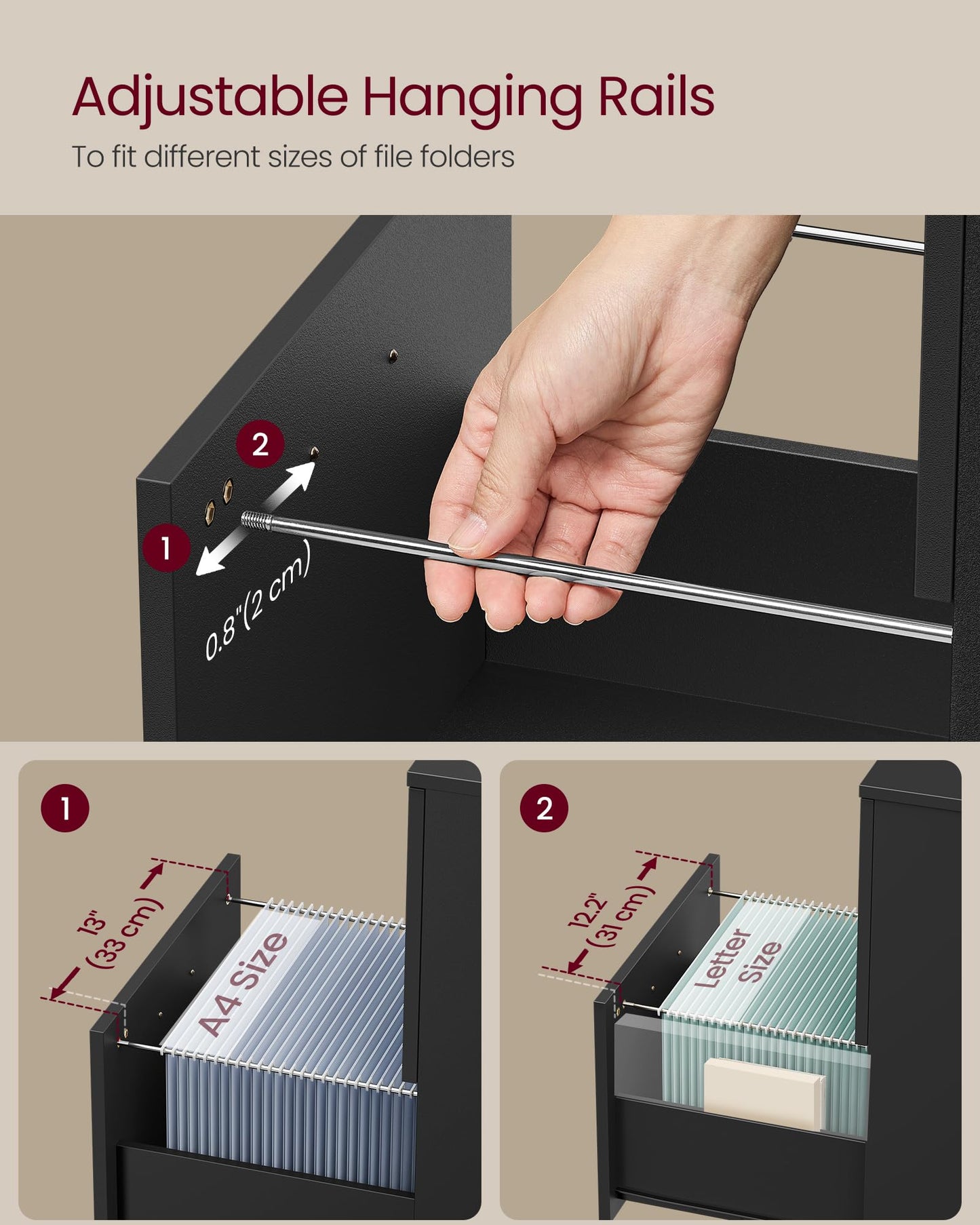 VASAGLE 2-Drawer Rolling File Cabinet, Snow White