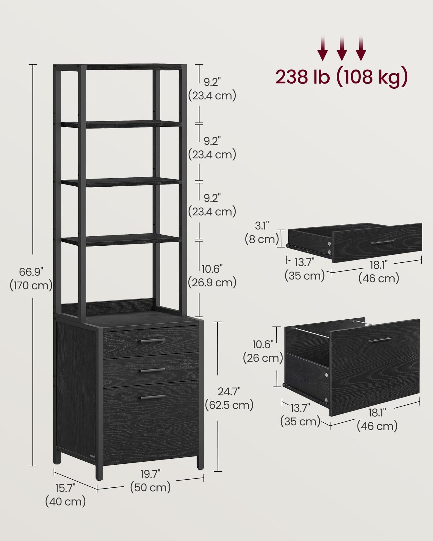 VASAGLE File Cabinet, 3 Drawers Filing Cabinet for Home Office