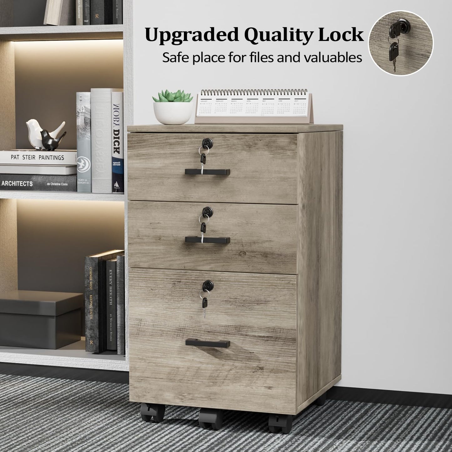 VINGLI 2 Drawer File Cabinet with Lock, Wood Rustic Gray Filing Cabinet