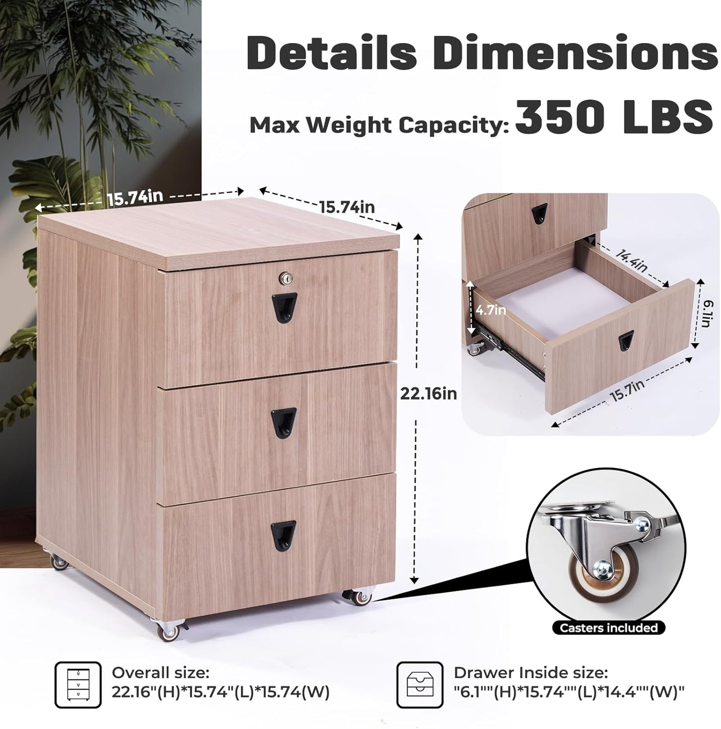 3 Drawer File Cabinet Wooden Rolling Printer Stand Storage Cabinet