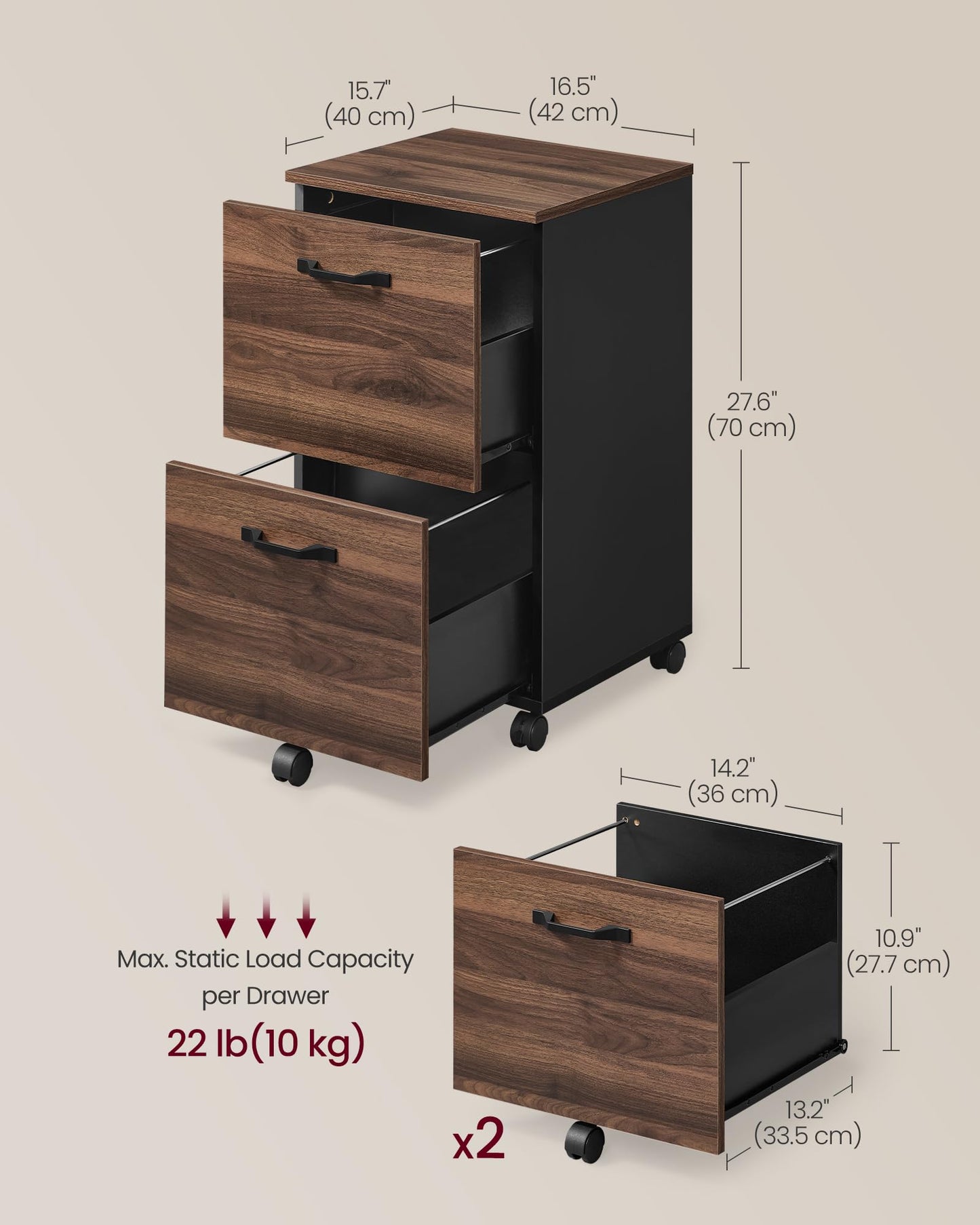 VASAGLE 2-Drawer Rolling File Cabinet, Snow White