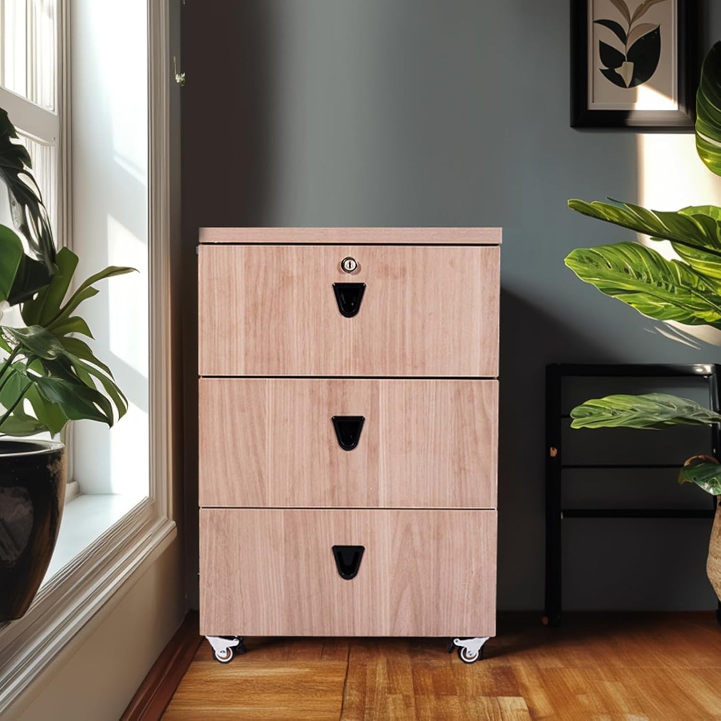 3 Drawer File Cabinet Wooden Rolling Printer Stand Storage Cabinet