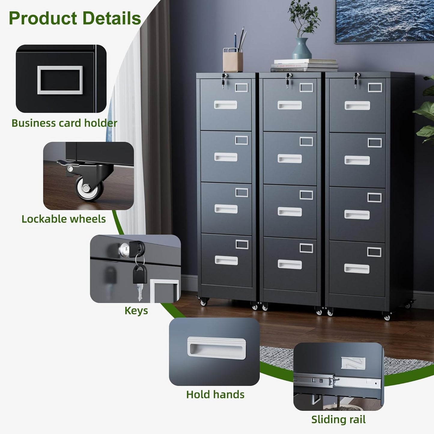Aobabo 4-Drawer Locking File Cabinet, Black