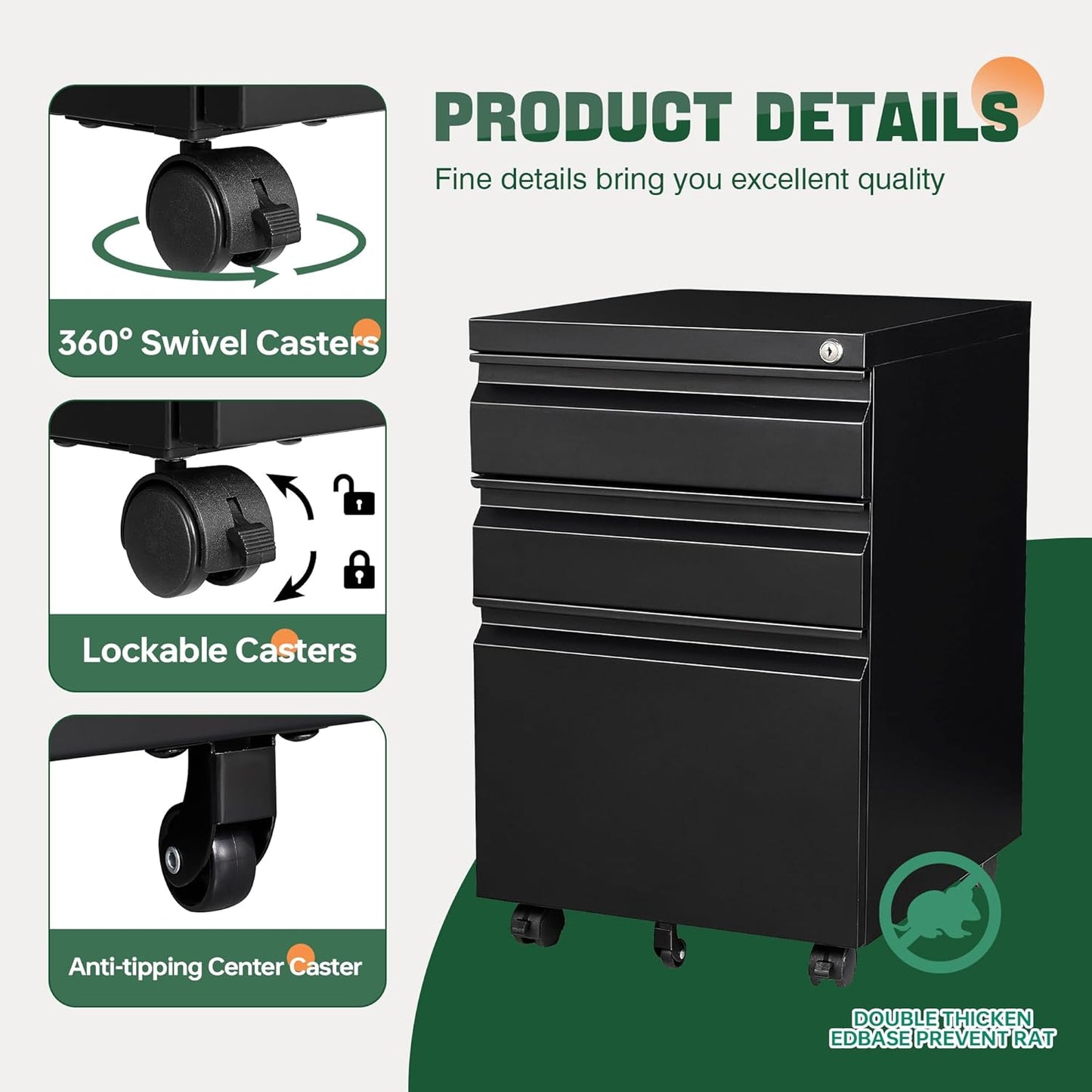 Letaya 3 Drawer Mobile File Cabinet with Lock