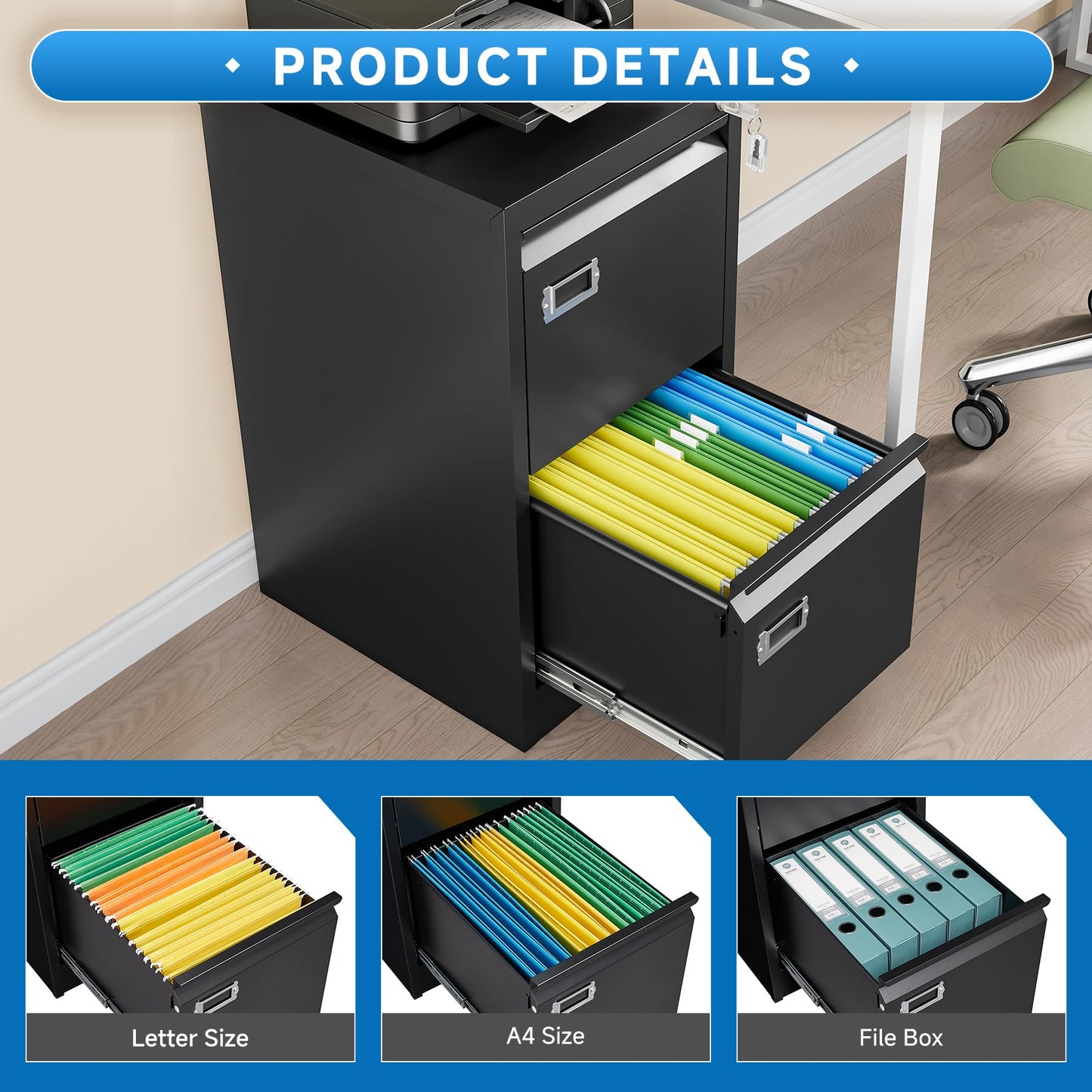 2-Drawer Vertical Locking File Cabinet, Steel, Letter Size