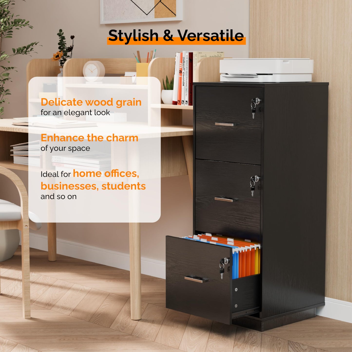 VINGLI 2 Drawer File Cabinet with Lock, Wood Rustic Gray Filing Cabinet