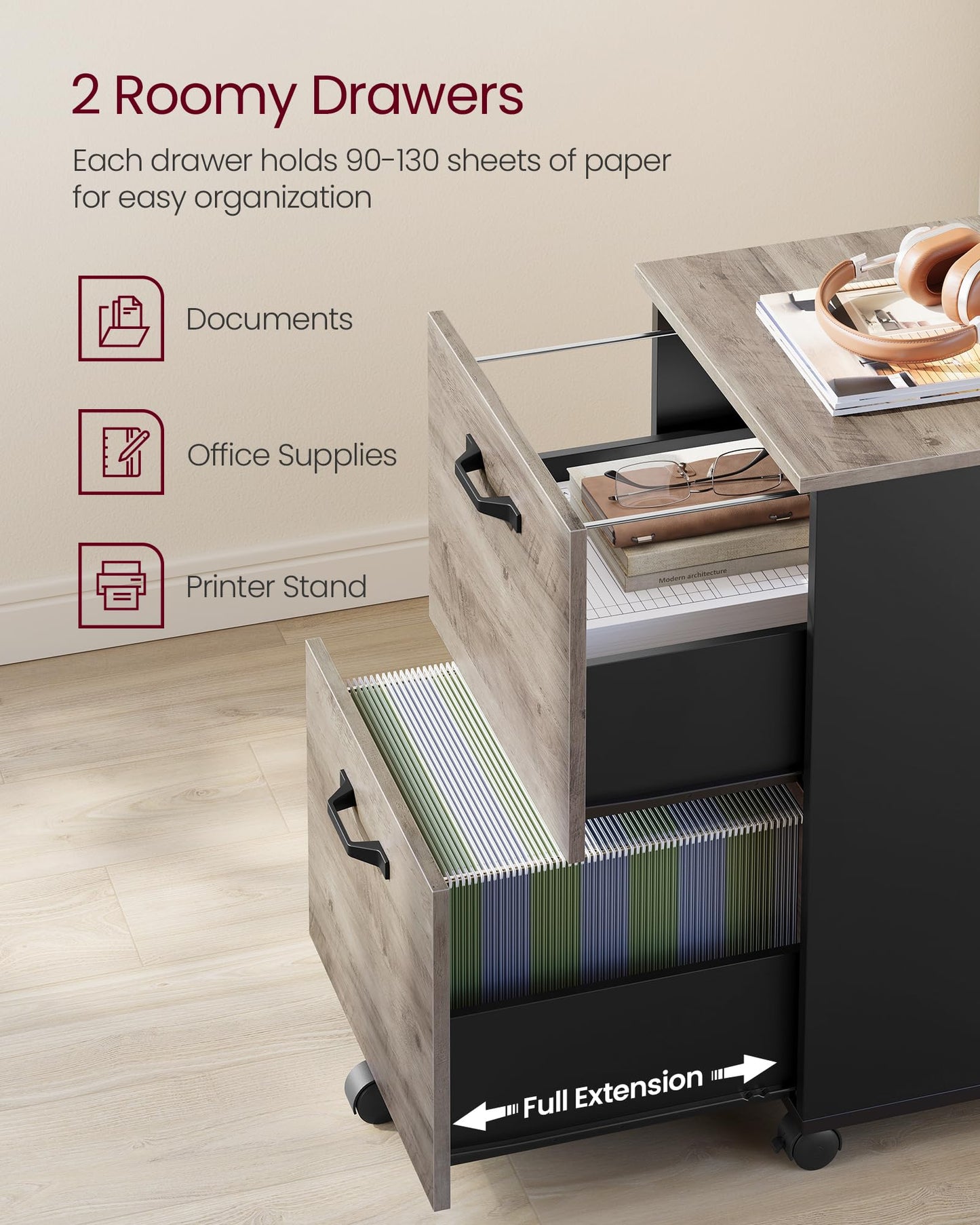 VASAGLE 2-Drawer Rolling File Cabinet, Snow White