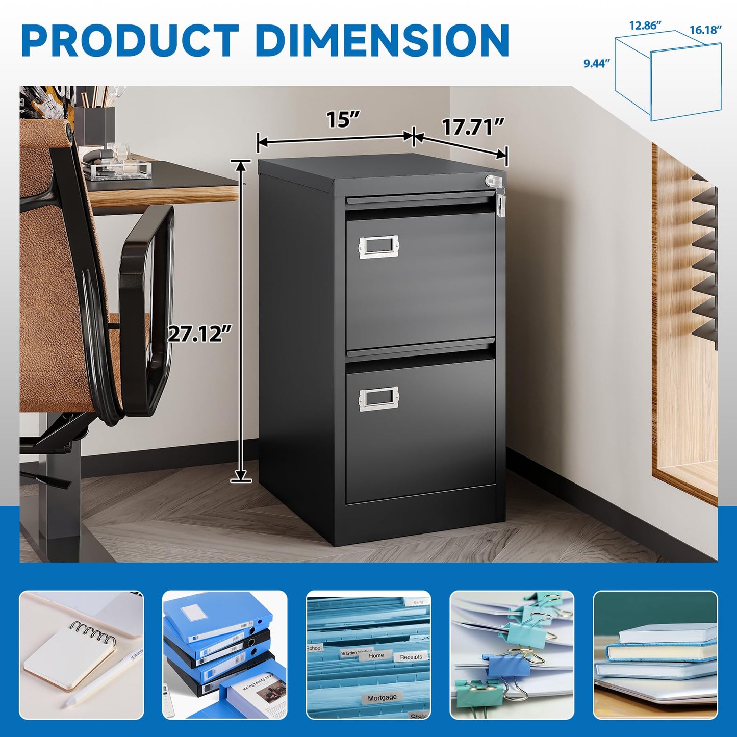 2-Drawer Vertical Locking File Cabinet, Steel, Letter Size