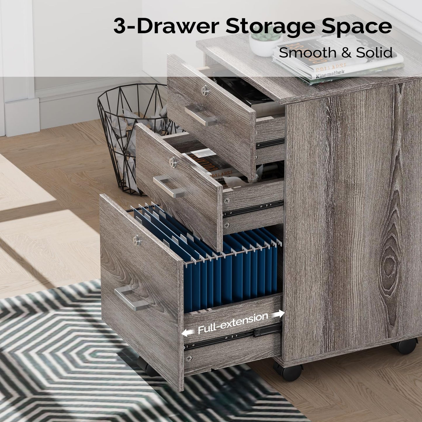 VINGLI 2 Drawer File Cabinet with Lock, Wood Rustic Gray Filing Cabinet