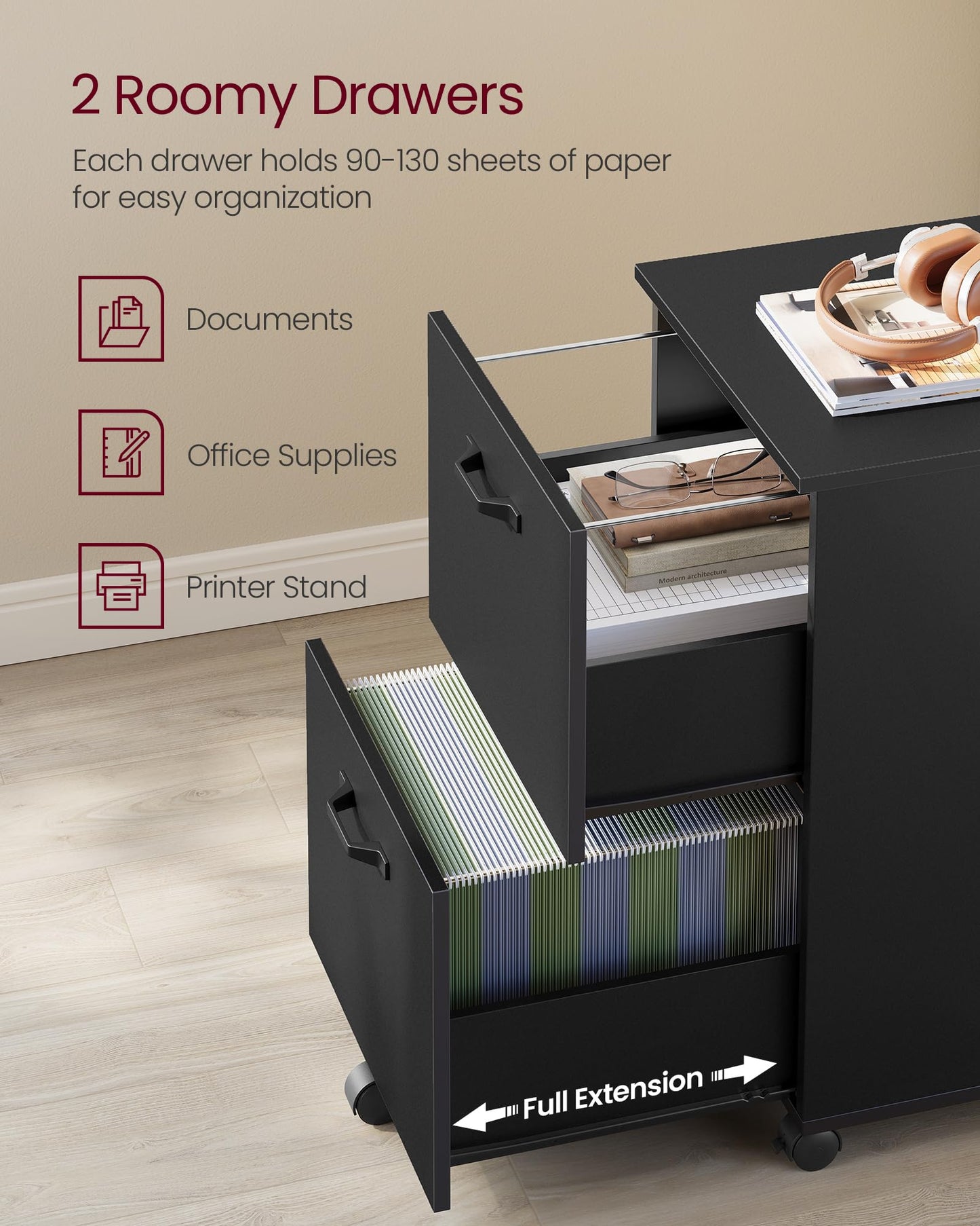 VASAGLE 2-Drawer Rolling File Cabinet, Snow White