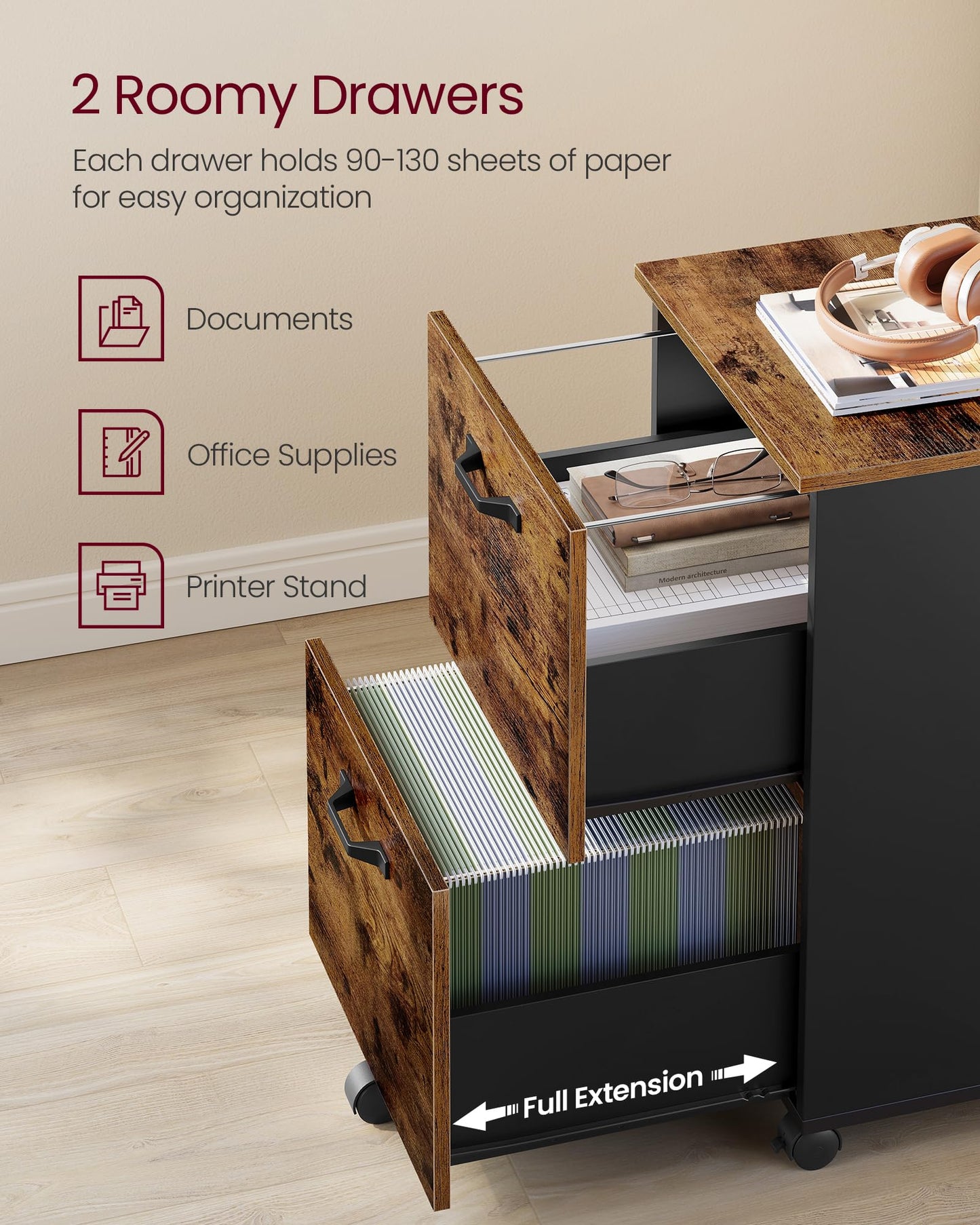 VASAGLE 2-Drawer Rolling File Cabinet, Snow White