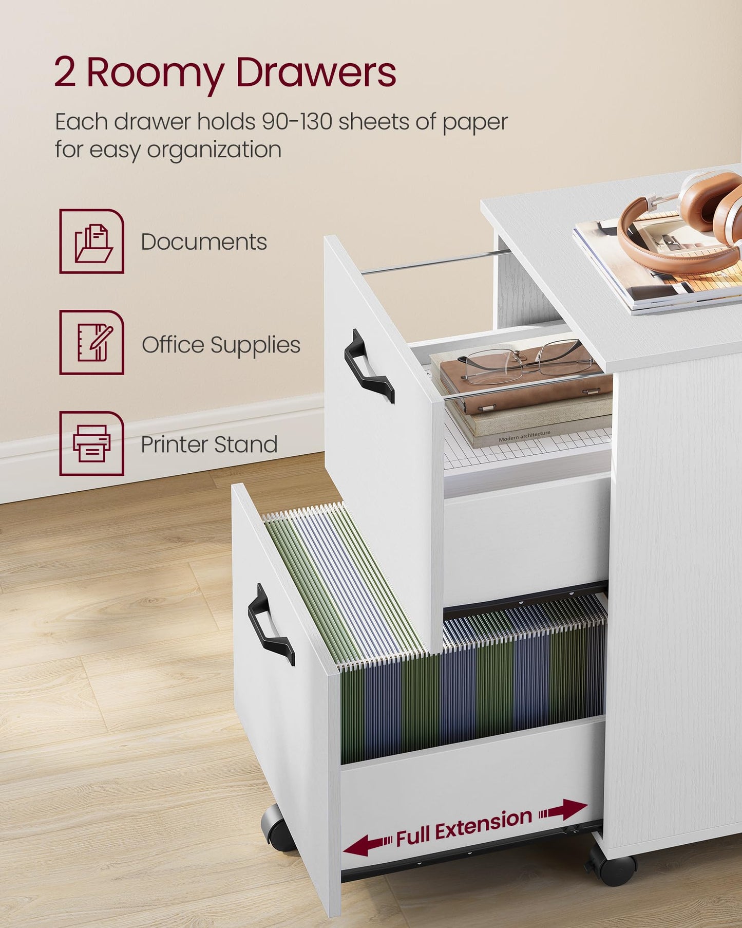 VASAGLE 2-Drawer Rolling File Cabinet, Snow White