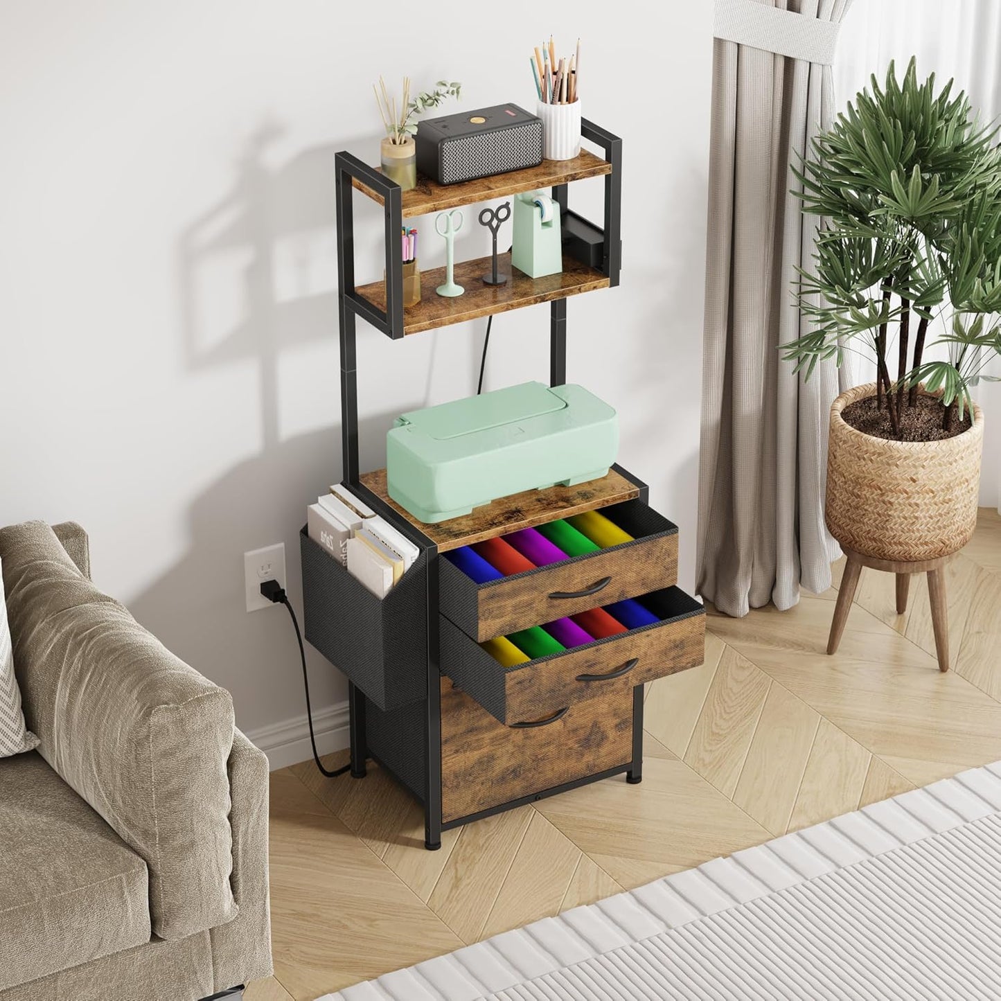 Small 3 Drawer File Cabinet with Charging Station