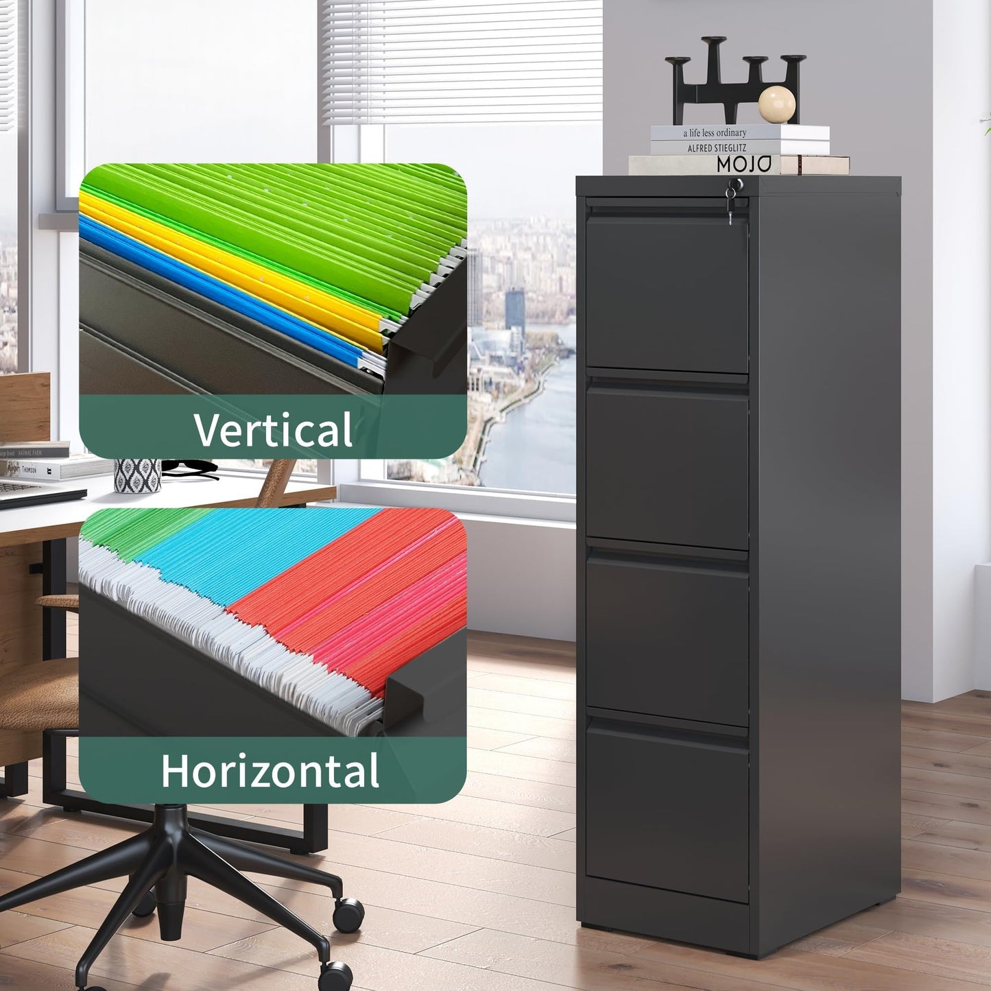 4-Drawer Metal Locking File Cabinet, Black, Vertical