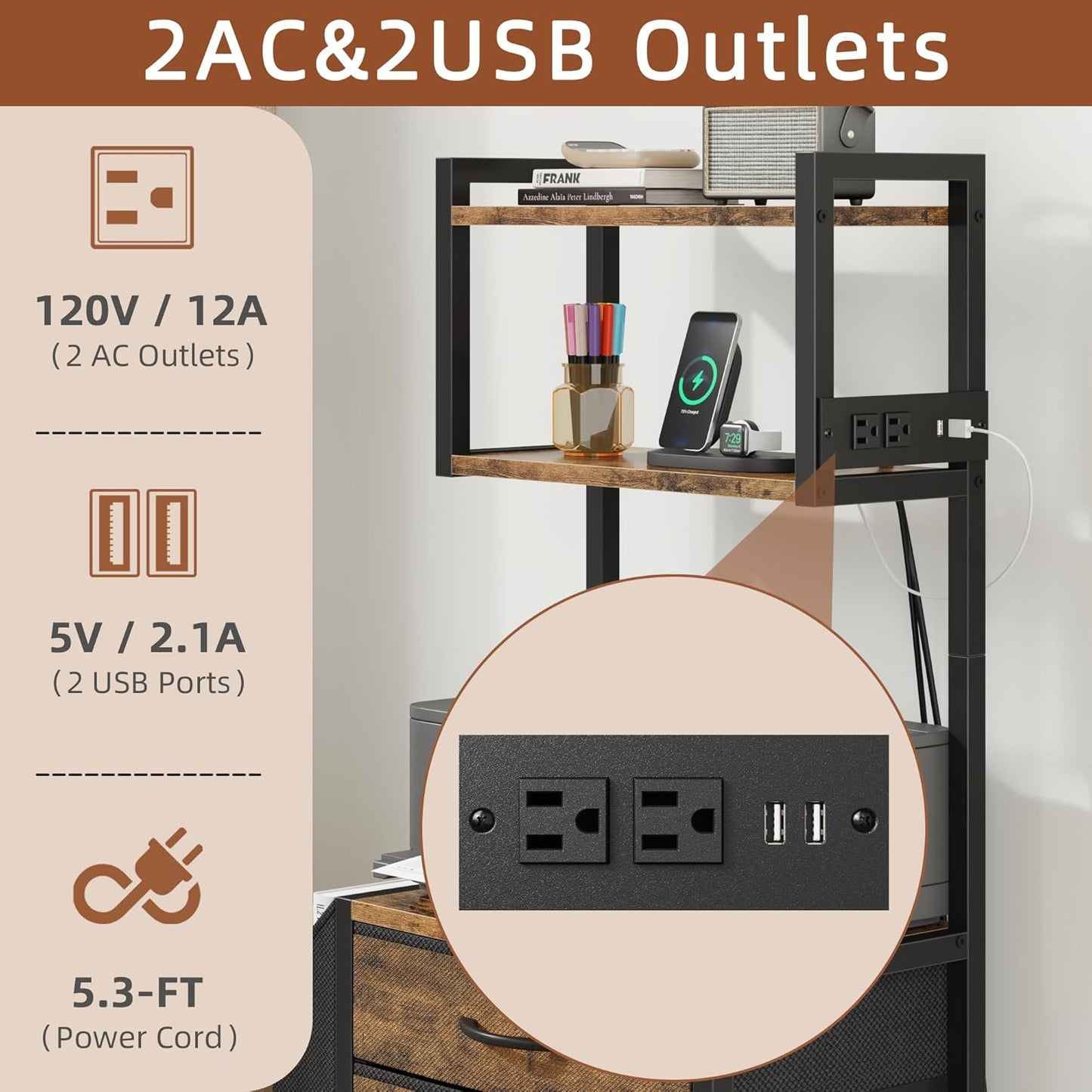 Small 3 Drawer File Cabinet with Charging Station