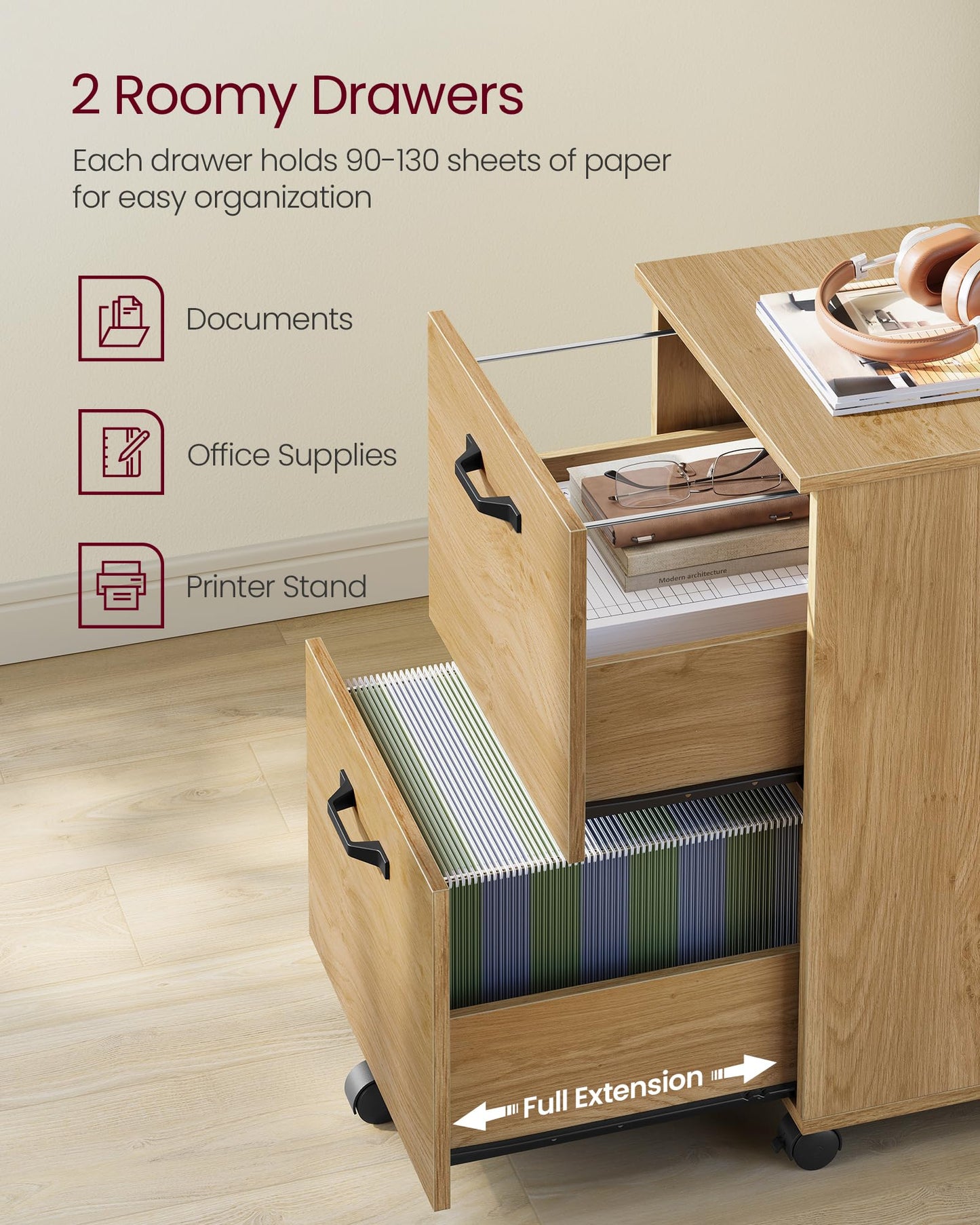 VASAGLE 2-Drawer Rolling File Cabinet, Snow White