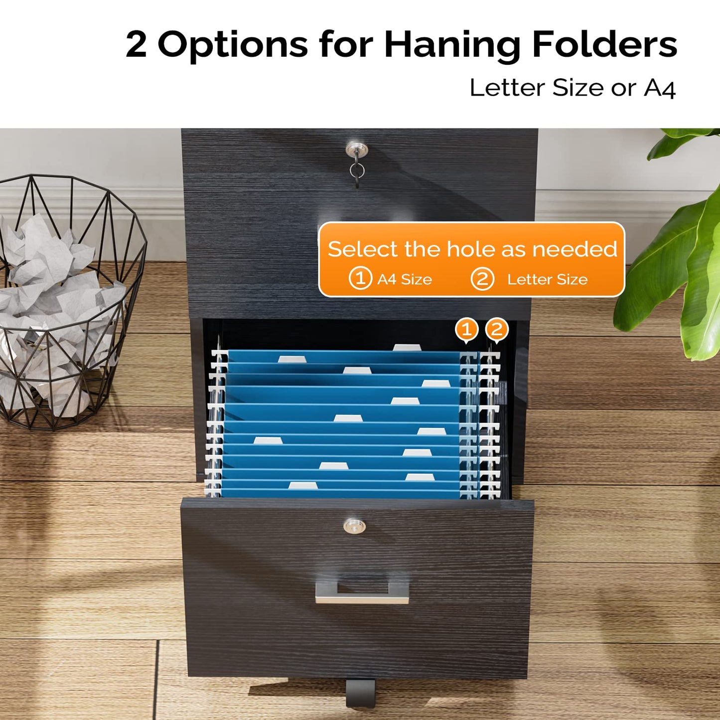 VINGLI 2 Drawer File Cabinet with Lock, Wood Rustic Gray Filing Cabinet
