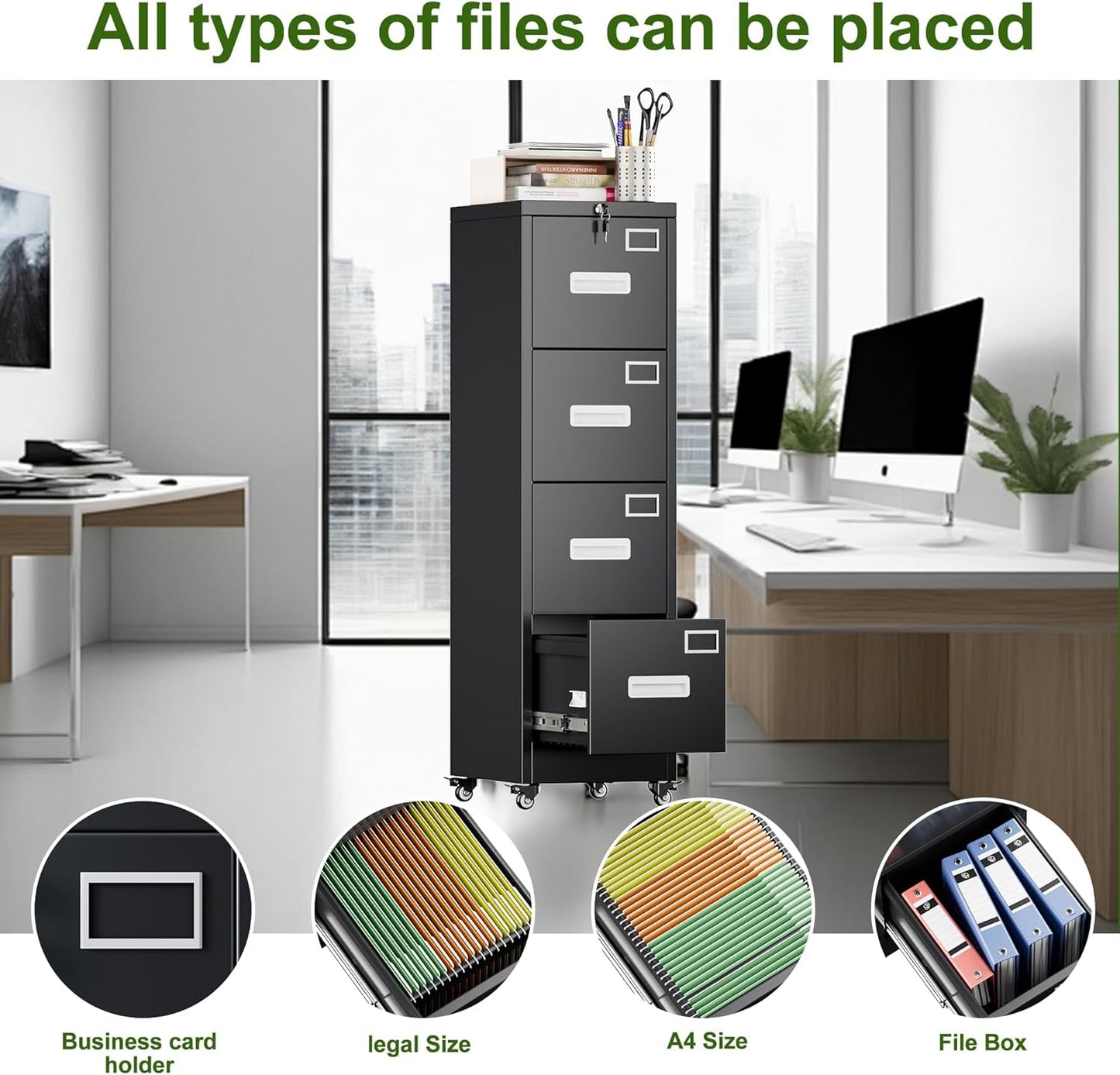 Aobabo 4-Drawer Locking File Cabinet, Black