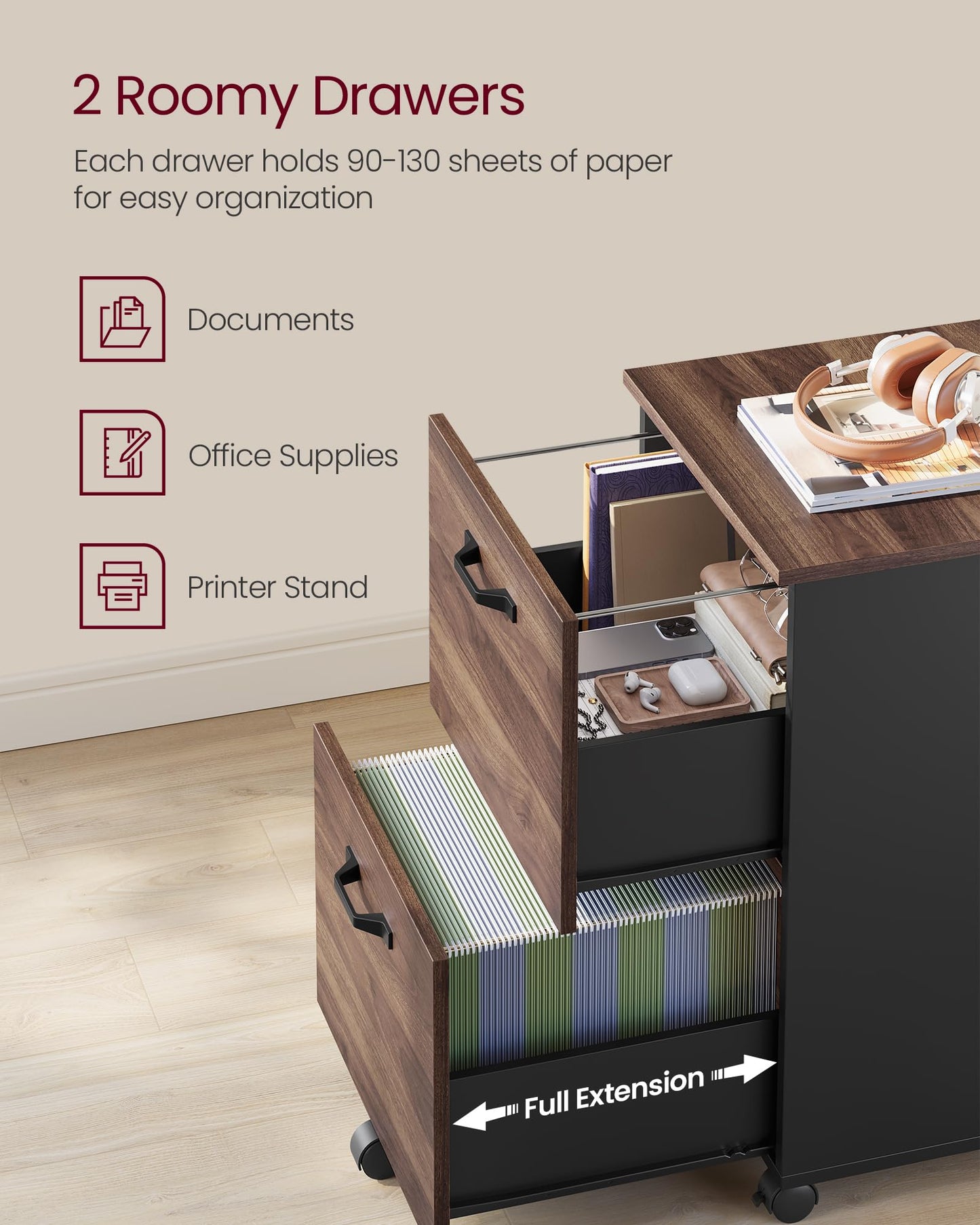 VASAGLE 2-Drawer Rolling File Cabinet, Snow White