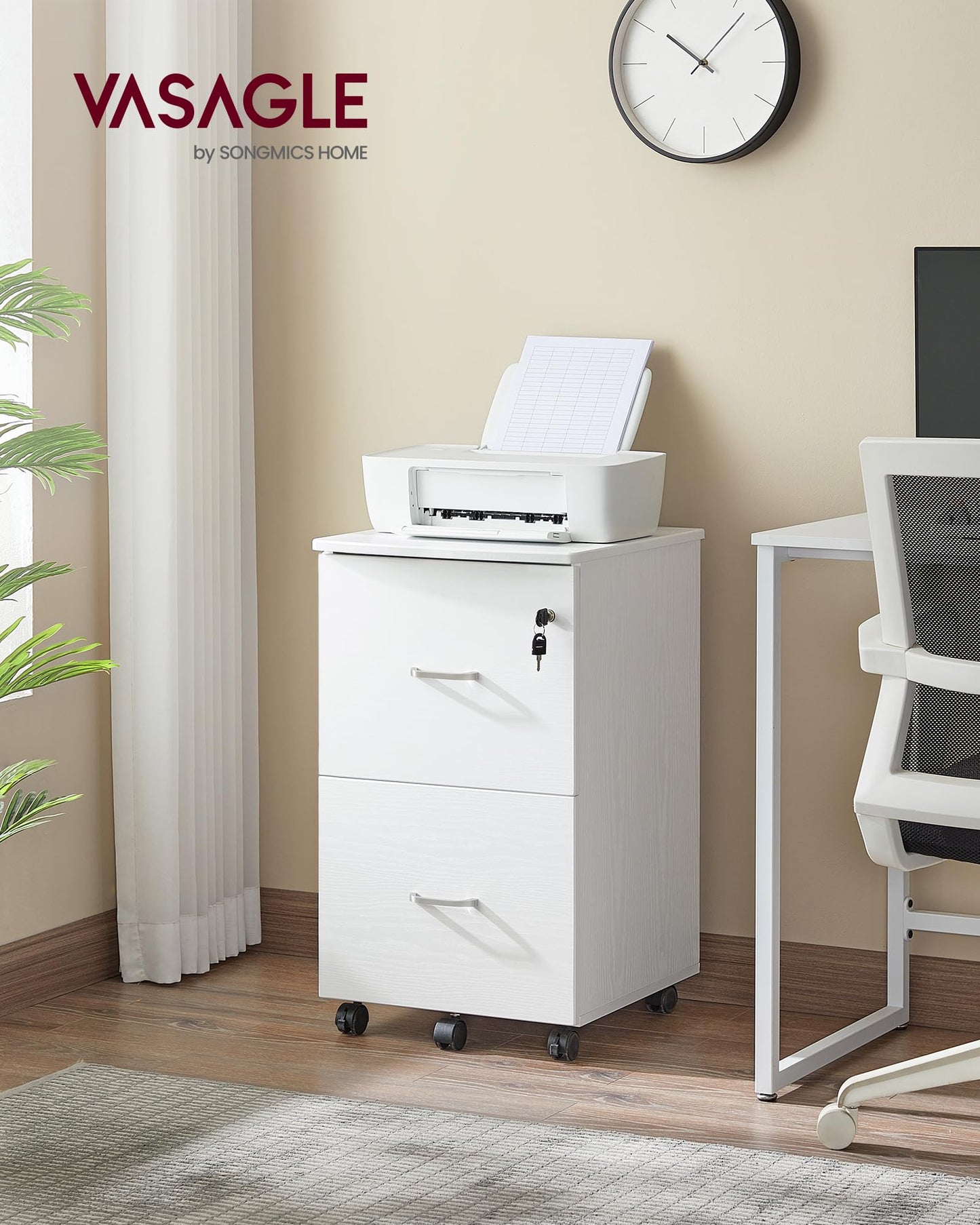 VASAGLE 2-Drawer Rolling File Cabinet, Snow White