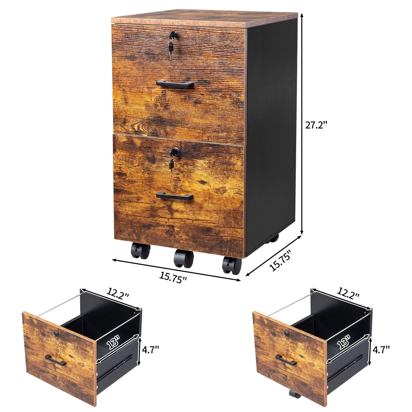 VINGLI 2 Drawer File Cabinet with Lock, Wood Rustic Gray Filing Cabinet