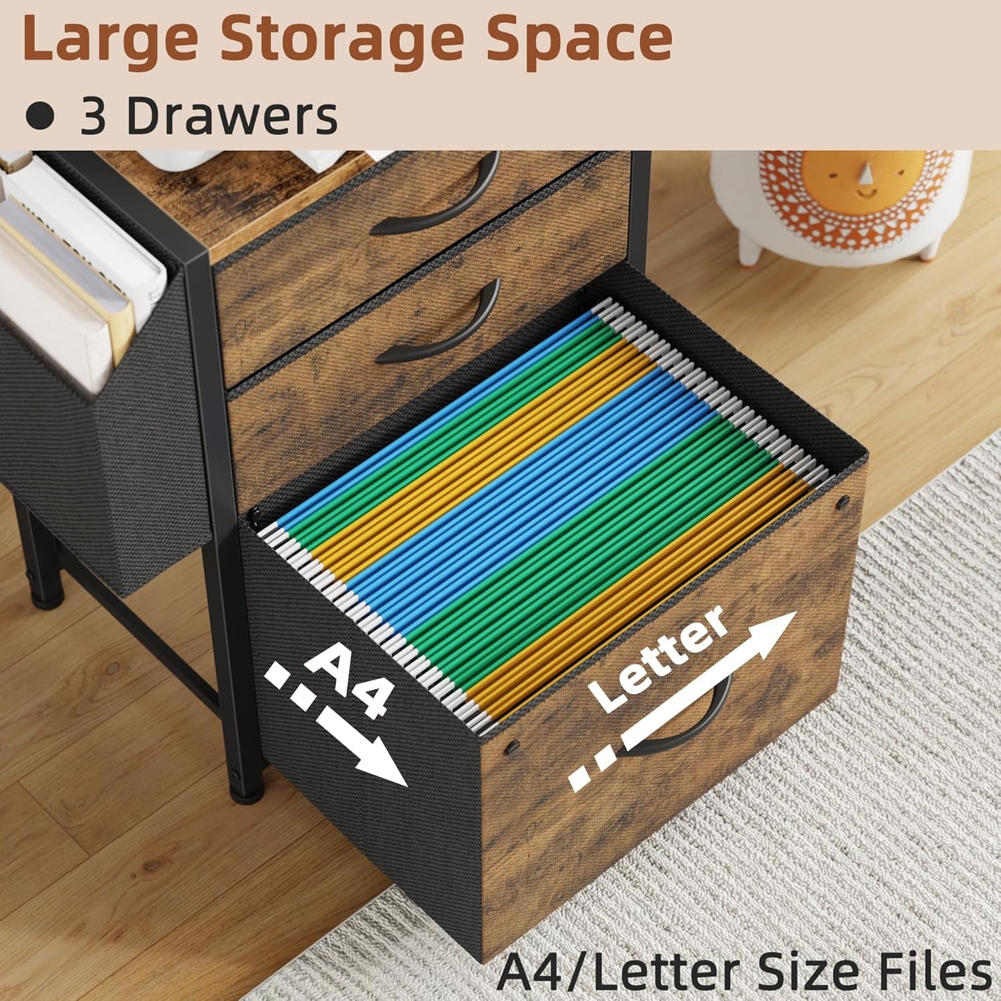 Small 3 Drawer File Cabinet with Charging Station